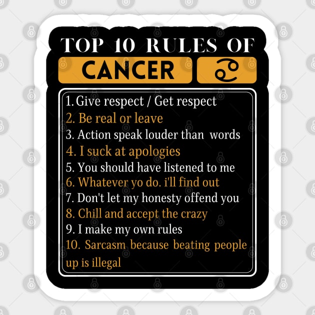 Top 10 Rules Of Cancer, Cancer Zodiac Facts Sticker by JustBeSatisfied